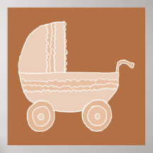 Old Fashioned Beige Baby Stroller on Brown. Poster