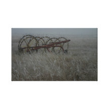 Old hay rake farm equipment in the winter frosty gallery wrap canvas