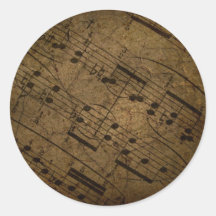 Old sheet musical score, grunge music notes round sticker
