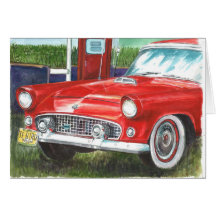Old T-Bird antique car -blazing red to announce Cards