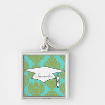 olive green and aqua blue fleur damask graduation key chain