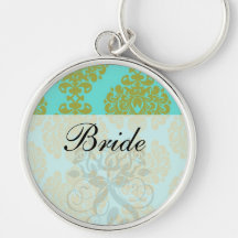olive green and aqua blue fleur damask key chain