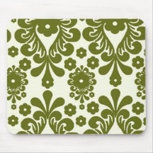 olive green and cream floral damask pattern mousepad