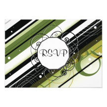 Olive Green Modern-Retro Stripes with Monogram Custom Invitation