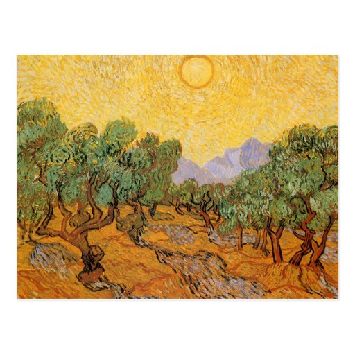 Olive Trees Yellow Sky Sun, van Gogh, Vintage Art Postcards