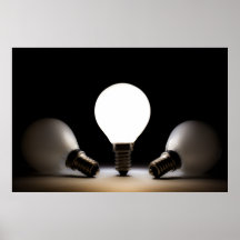 One light bulb shining in a dark space poster