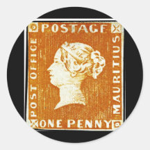One Penny British Empire Mauritius Postage Stamp Round Stickers