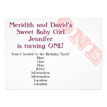 ONE year old Baby Birthday Party Invitations