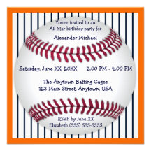 Orange And Blue Pinstripes Baseball Birthday Party Personalized Invitations