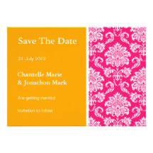 Orange and Hot Pink Damask Save The Date Card Personalised Invitations