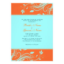 Orange and Teal Floral Swirls Wedding Invitation
