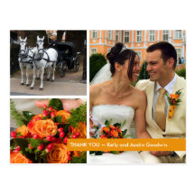 Orange band modern 3 photo montage thank you note post cards