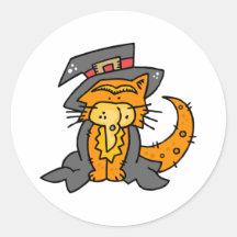 Orange cat in witches outfit round sticker