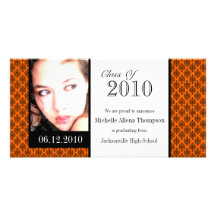 Orange Damask Graduation Announcement Photo Cards
