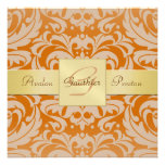 Orange Damask Monogram Gold Ribbon Invitation