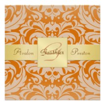 Orange Damask Monogram Gold Ribbon Invitation