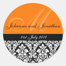 Orange Damask Monogram Wedding Stickers