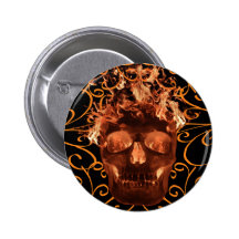 Orange Flaming Skull Button