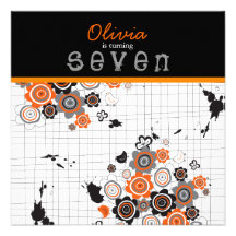 Orange Flowers & Chicks Doodle Birthday Invitation