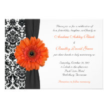 Orange Gerbera Daisy Damask Wedding Invitation