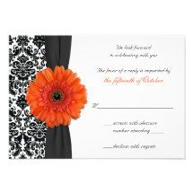 Orange Gerbera Daisy Damask Wedding Reply Card Personalized Invitation
