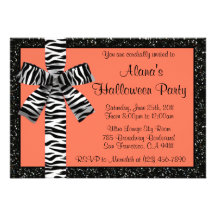 Orange Glitter Halloween Invite With Zebra Bow