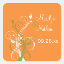 Orange Green White Floral 1.5" Wedding Sticker