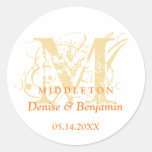 Orange monogram antique chic label wedding favour round stickers