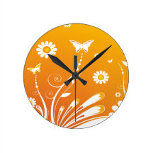 Orange Spring with butter fly clcock Round Wallclock