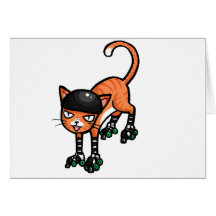 Orange tabby on rollerskates greeting card