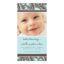 Ornate Floral (Brown/Blue) Birth Announcement Personalised Photo Card