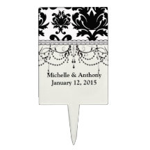 ornate formal black white damask cake toppers