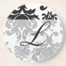 ornate formal black white damask drink coasters