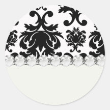 ornate formal black white damask round stickers