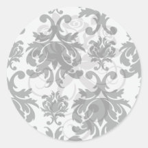 ornate formal black white damask round stickers