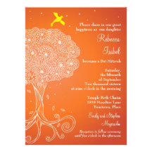 Ornate Tree of Life Orange Bat Mitzvah Personalised Invitations