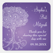 Ornate Tree of Life Purple Bat Mitzvah Square Sticker