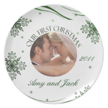 Our First Christmas Photo Plate Green & White Snow