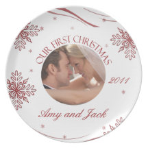 Our First Christmas Photo Plate Red & White Snowfl