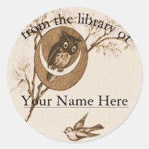 Owl and Bird Bookplate Round Sticker