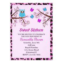 Owl and Butterflies Sweet Sixteen Personalized Invitations