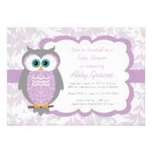 Owl Baby Shower Invitations, Purple, Grey - 730