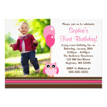 Owl Balloons Pink Brown Photo Birthday Personalised Invitation