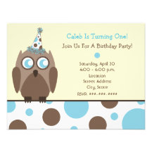 Owl Birthday Party Invite Blue & Brown Polka Dots