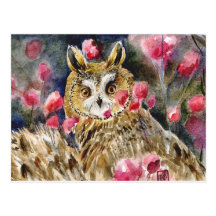 Owl blossom watercolor painting post cards