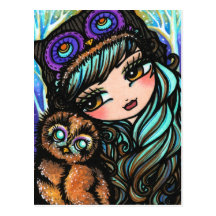 Owl Girl Fairy Fantasy Art Postcard by Hannah Lynn