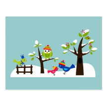 Owl Owls Birds Winter Snow Cute Tree Cartoon Post Cards