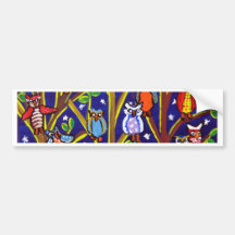 Owl Party Whimsical Folk Art Bumper Sticker