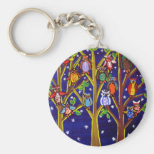 Owl Party Whimsical Folk Art Keychain
