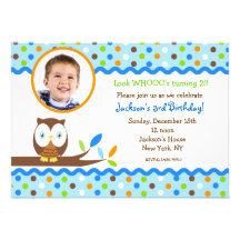 Owl Photo Birthday Party Invitations Boy
